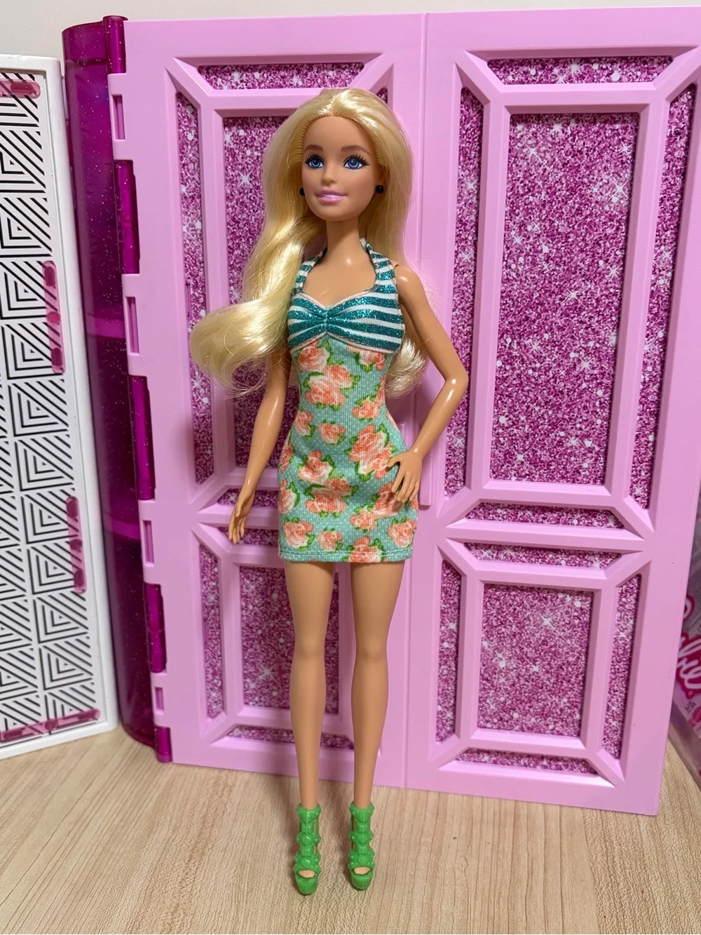 Barbie Green Floral Halter Dress with Pink Flowers